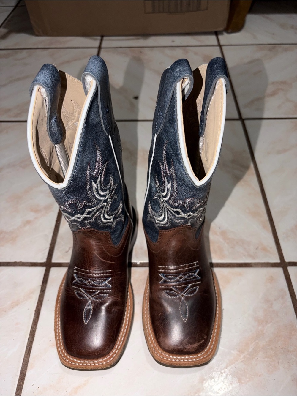 OLD WEST KIDS' DARK BROWN AND WIPE OUT BLUE WIDE SQUARE TOE COWBOY BOOT